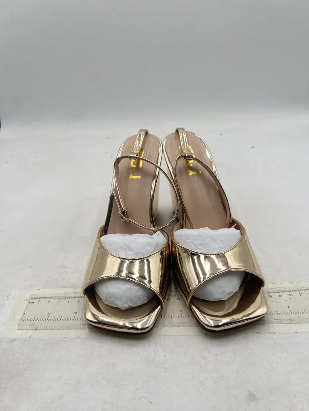FSJ Gold Metallic Square Toe Ankle Strap High Heel Wedge Sandals